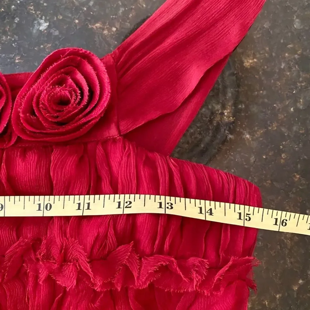 Burlapp Sz 4 💯 Silk Rosette Limed Red Dress - Picture 10 of 13
